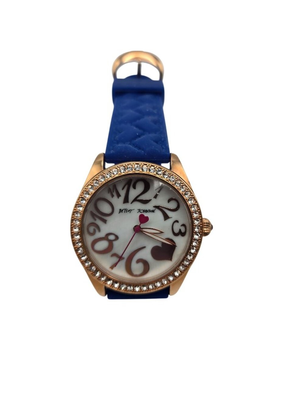 Betsey Johnson Womens Watch Blue Silicone Strap Rose Gold Case Rhinestone Bezel
